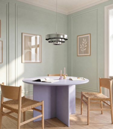 Modern taklampa ovanför matbord med varma naturtoner och tidlös design.