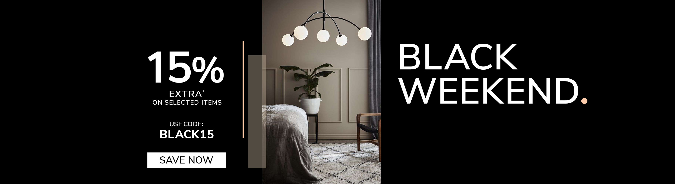A modern interior scene featuring a decorative wooden floor lamp glowing warmly beside a beige sofa. On the right, bold promotional text reads “Black Savings. Now 13% Extra on Selected Items. Use code: BLACK13,” with a button saying “Save Now.” The design